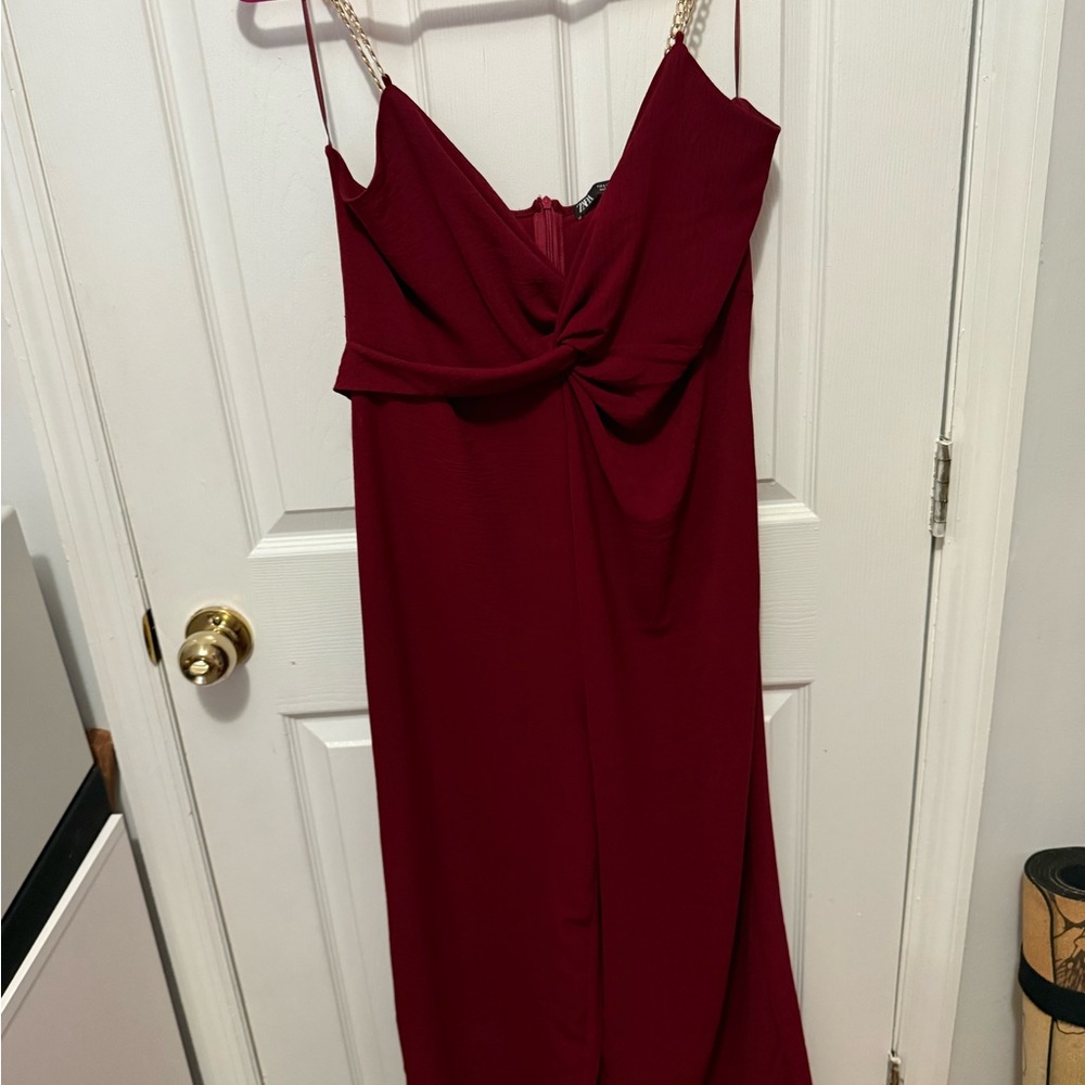 Zara Red Ruched Gown with Cowl Neck